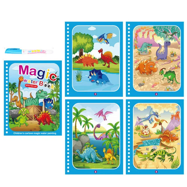 A set of five pages from a Magic Water Book featuring colorful cartoon animals and nature scenes for kids