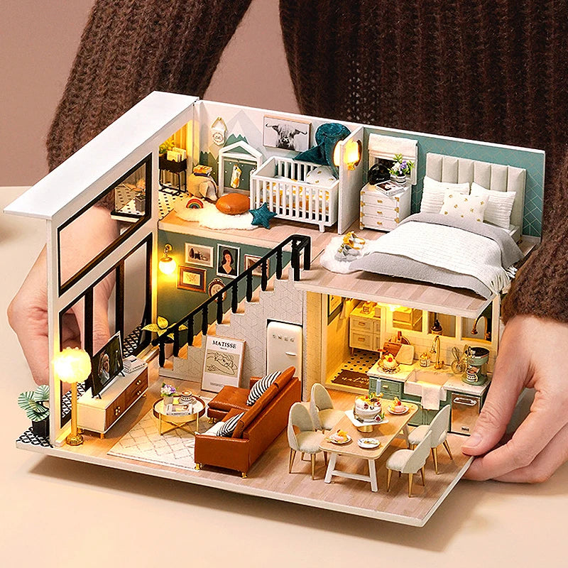 A wooden dollhouse miniature building kit featuring furniture and detailed interior scenes.