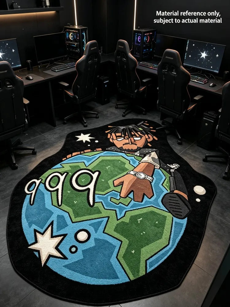 Area rug featuring a cartoon depiction of Juice WRLD 999 on a globe for a gaming room