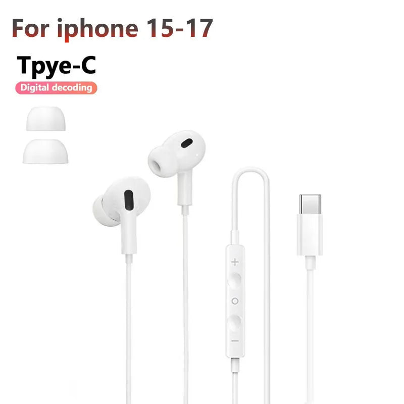 White USB-C wired earphones with microphone and stereo sound for iPhone 15-17