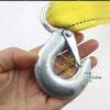 A close-up of a silver heavy-duty tow hook with yellow grip, showing its dimensions.