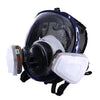 A full face respirator mask with a dark blue frame and clear visor is shown against a white background.