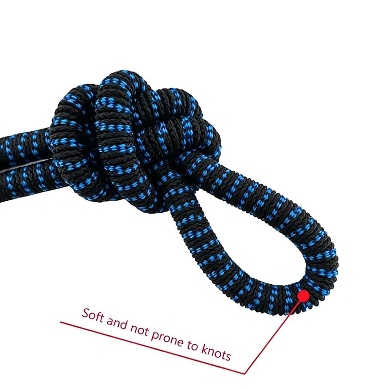 Black and blue braided hose with a loop showing it is soft and not prone to knots