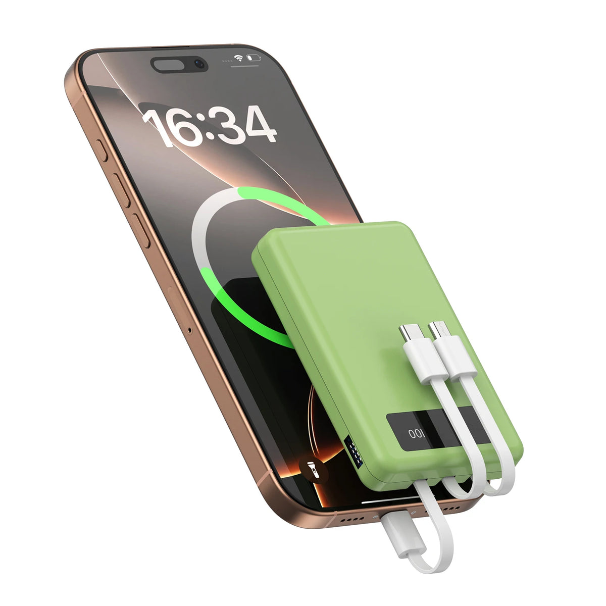 Slim 10000mAh Power Bank with Digital Display and Built-In Cables