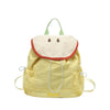 A yellow nylon messenger bag with a light green strap and red trim.