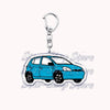A durable metal key ring featuring a miniature blue car charm.