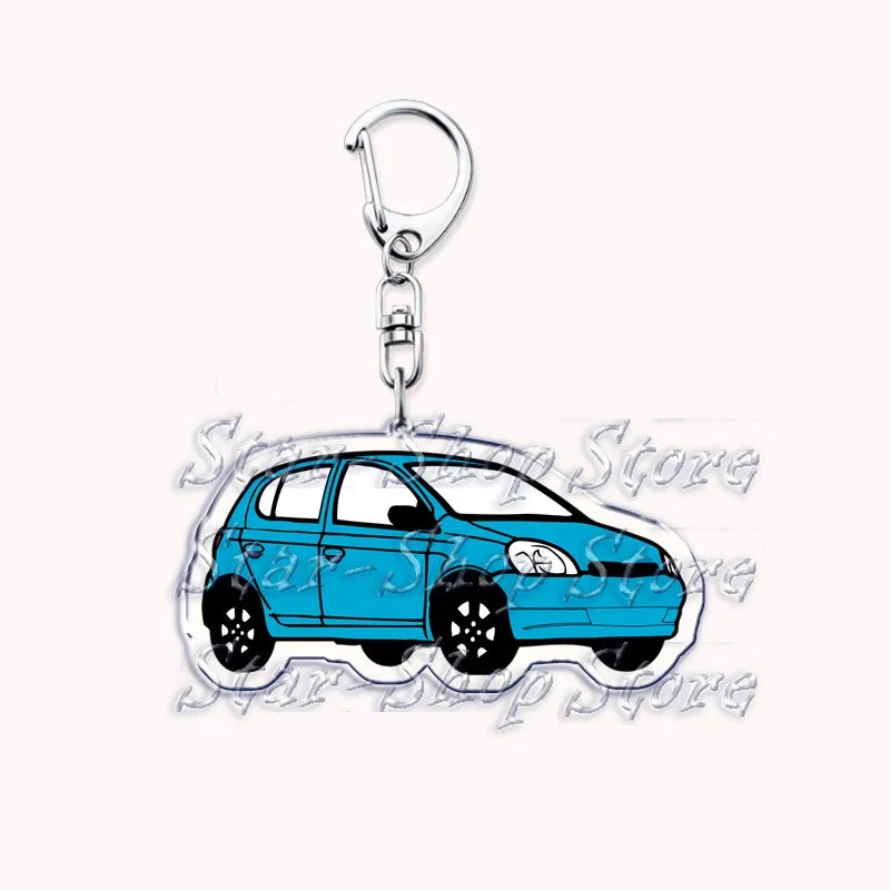 A durable metal key ring featuring a miniature blue car charm.