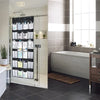 A white over-the-door mesh shoe organizer with hanging pockets is displayed in a modern bathroom setting.