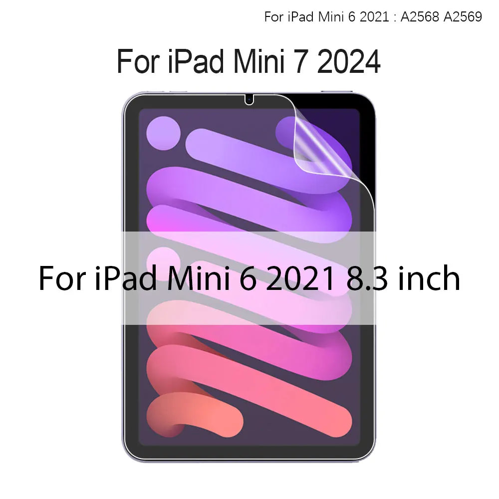 A paper-feel matte screen protector for an iPad Mini 6 2021 8.3 inch, showing a purple and pink design.