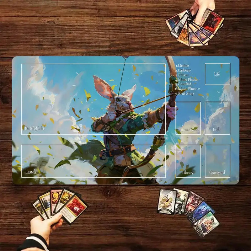 Fantasy Card Playmat with Rabbit Archer & Raccoon Design