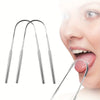 Stainless steel tongue scraper shown next to a person's mouth for oral hygiene