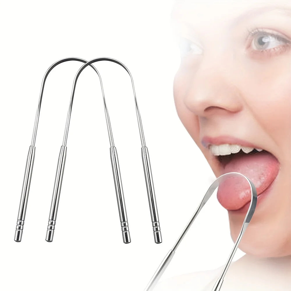 Stainless steel tongue scraper shown next to a person's mouth for oral hygiene