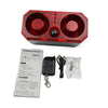 A red solar-powered motion sensor alarm unit with a strobe light and remote control.