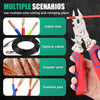 A hand holds a red wire stripping tool with pliers, demonstrating various wire cutting and crimping scenarios.