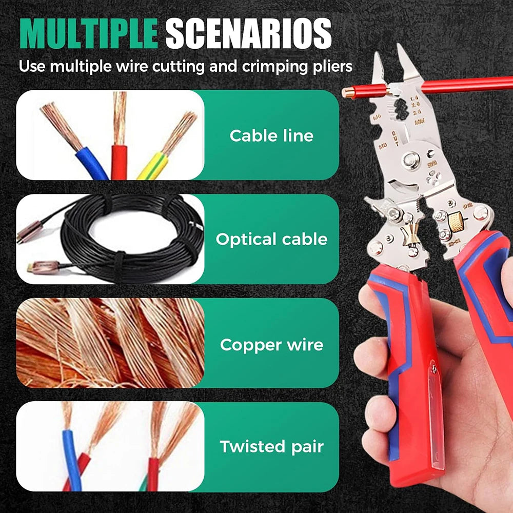 A hand holds a red wire stripping tool with pliers, demonstrating various wire cutting and crimping scenarios.