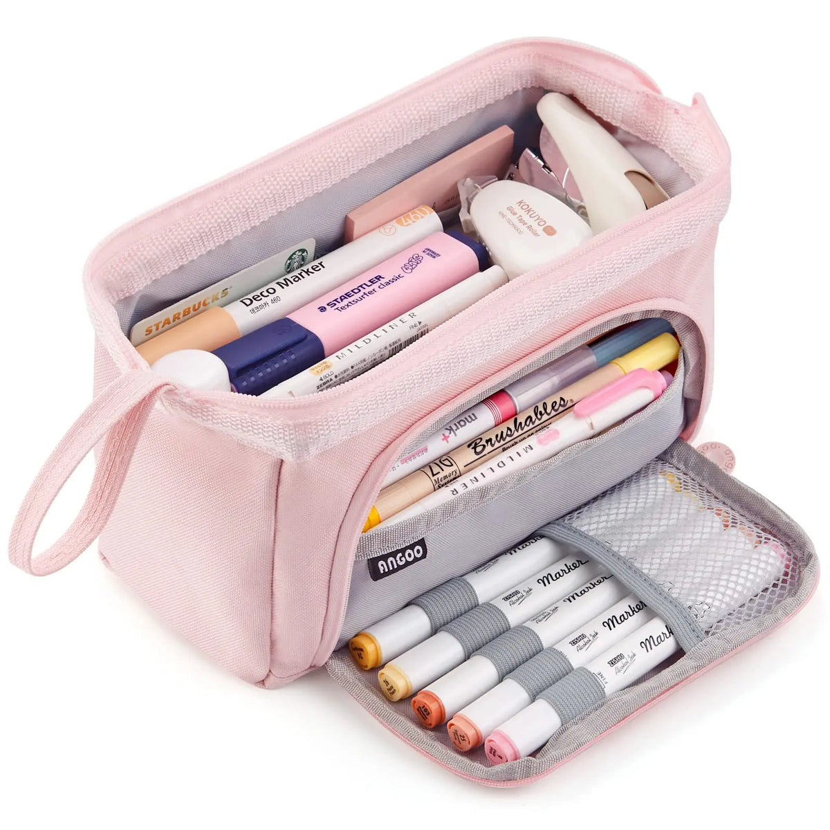 Pink canvas pencil case with multiple colored markers and brushes inside