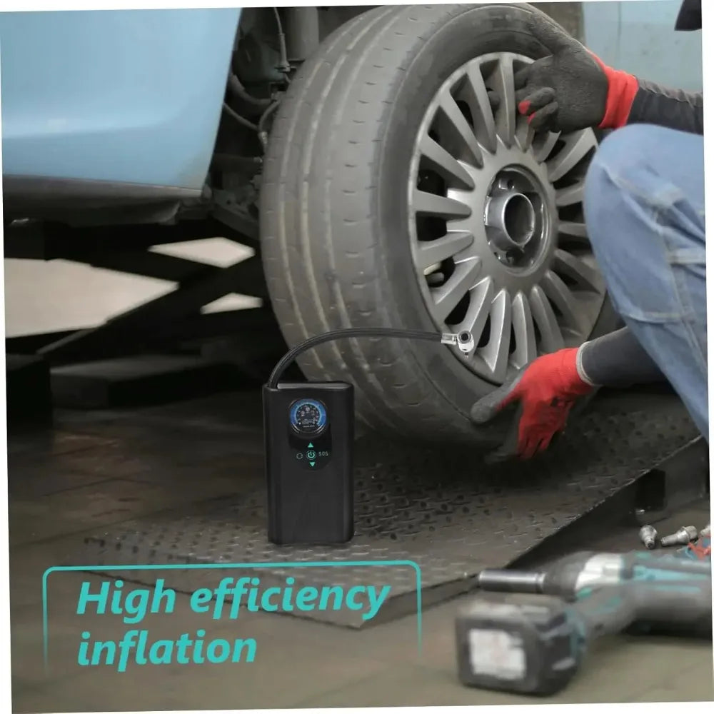 A hand is using a portable digital tire inflator to inflate a car tire.