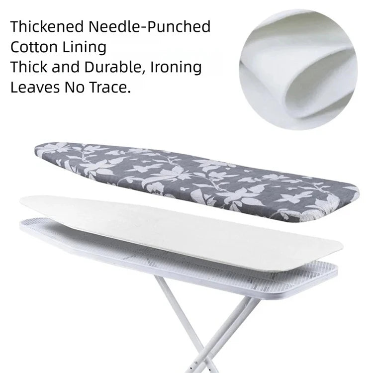A gray and white patterned linen ironing board cover with a white pad is shown on an ironing board.