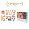 A set of 34 pieces of wooden train track components and accessories for building trains.