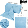 A roll of light blue reusable ultra-fine fiber tear-off towel with dimensions and a folded example.