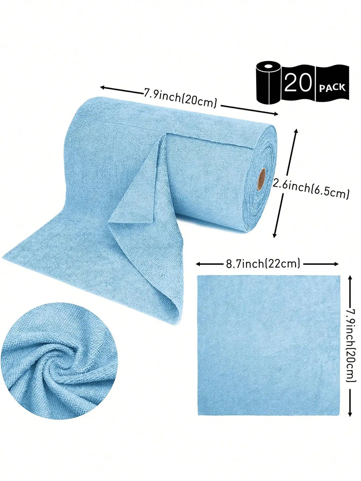 A roll of light blue reusable ultra-fine fiber tear-off towel with dimensions and a folded example.