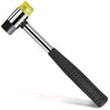 A silver ring expander tool with a yellow handle and hammer component.
