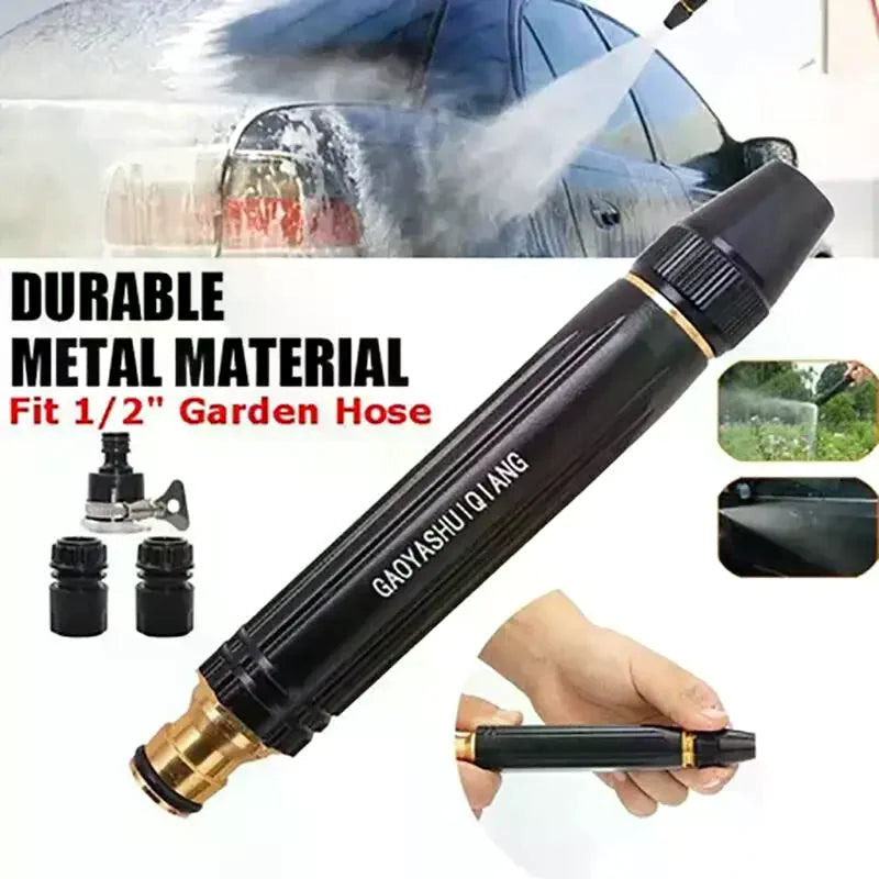 A black metal nozzle for a garden hose is shown spraying water, with the product and a hand visible.