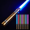 A long metal lightsaber with 14 colored LED lights and sound effects illuminated against a dark background.