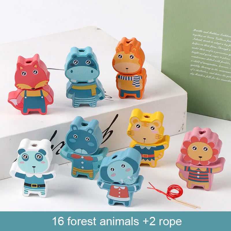 Wooden Lacing Beads Set for Kids with Animal, Fruit, Letter & Number Shapes