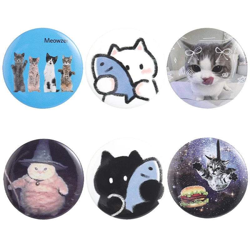 A set of playful tinplate pins featuring various cat and dog designs, including cute animals and meme faces.