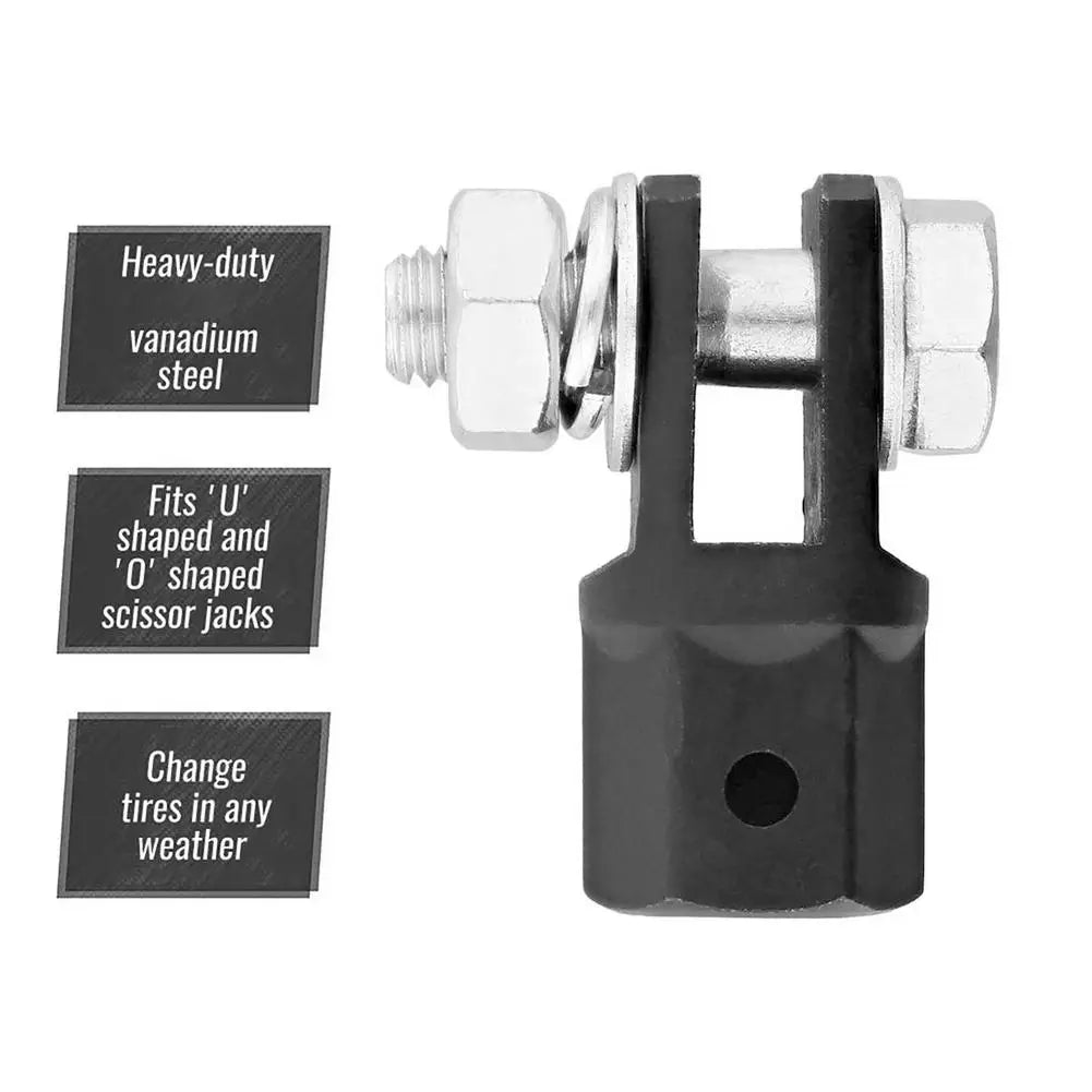 A heavy-duty chrome vanadium scissor jack adapter for drills and impact drivers with a threaded mounting mechanism.