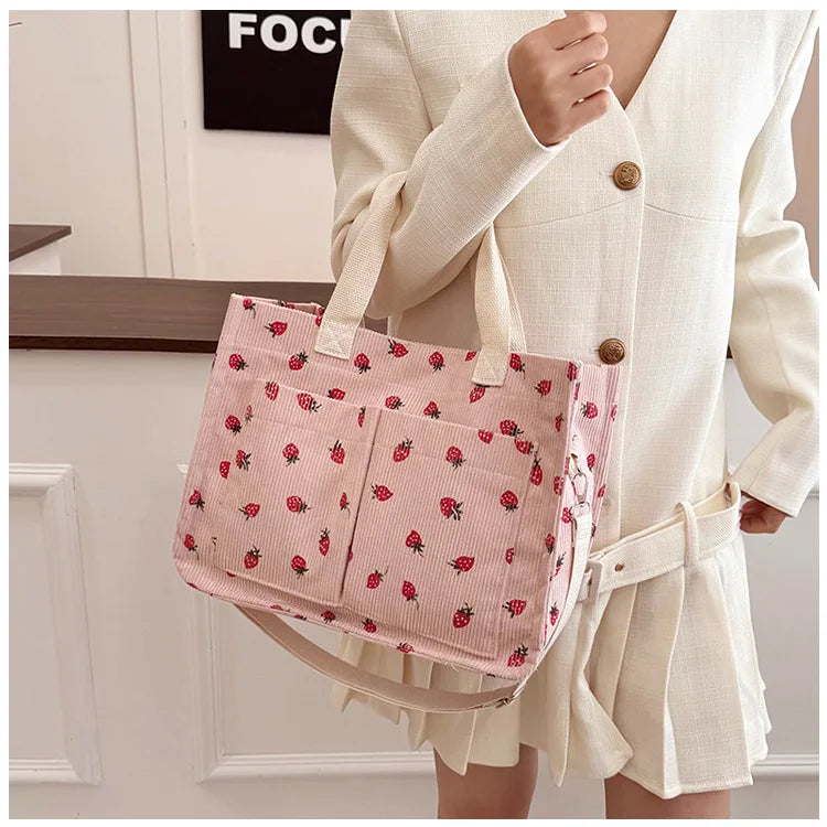 Strawberry Bowknot Canvas Tote Bag