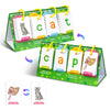 A set of green and pink flashcards for CVC words like cat and cap, used for early reading and phonics practice.