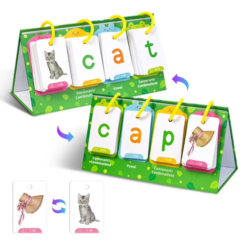 A set of green and pink flashcards for CVC words like cat and cap, used for early reading and phonics practice.