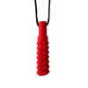 Red silicone sensory chew necklace for kids with a black cord and a cylindrical pendant.