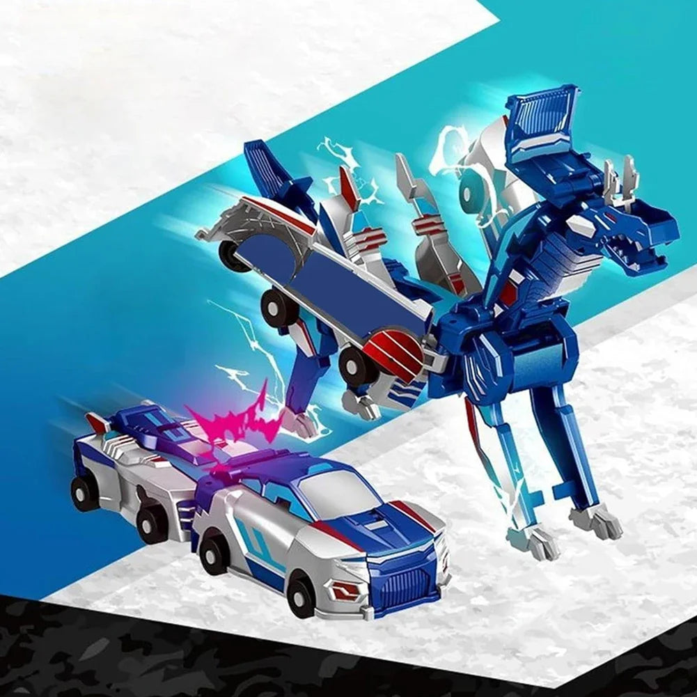 A blue unicorn transformable car toy with a silver and blue vehicle form, set against a light blue background.