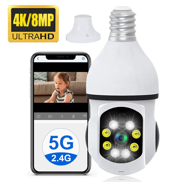 كاميرا مصباح أمان أبيض مع عدسة وهاتف ذكي يعرض اتصال 5G و 2.4G