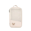 A beige stroller hanging diaper bag with a perforated front and a cute bear design.