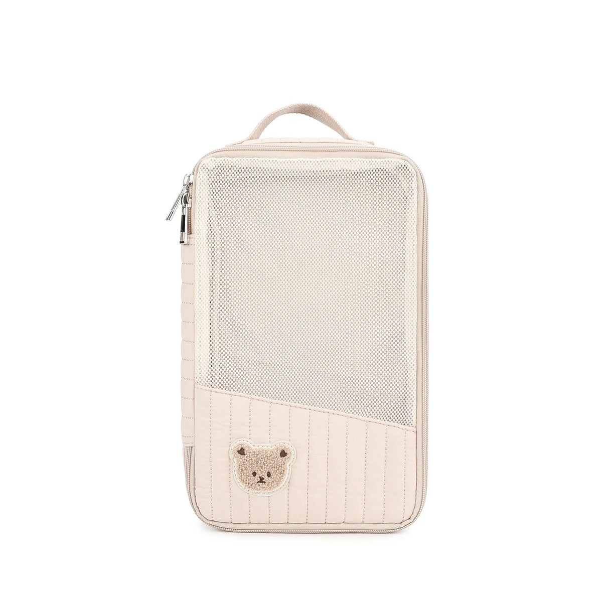 A beige stroller hanging diaper bag with a perforated front and a cute bear design.