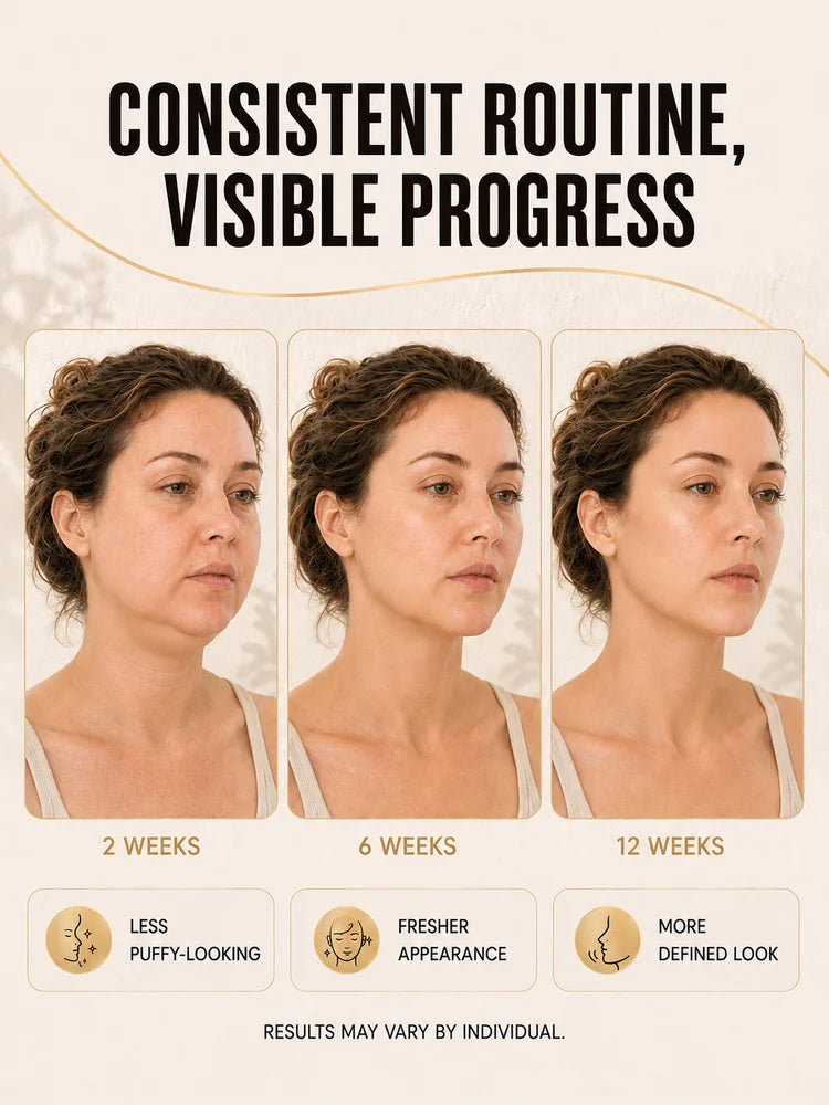 Before and after comparison showing facial results over 2, 6, and 12 weeks of consistent routine.