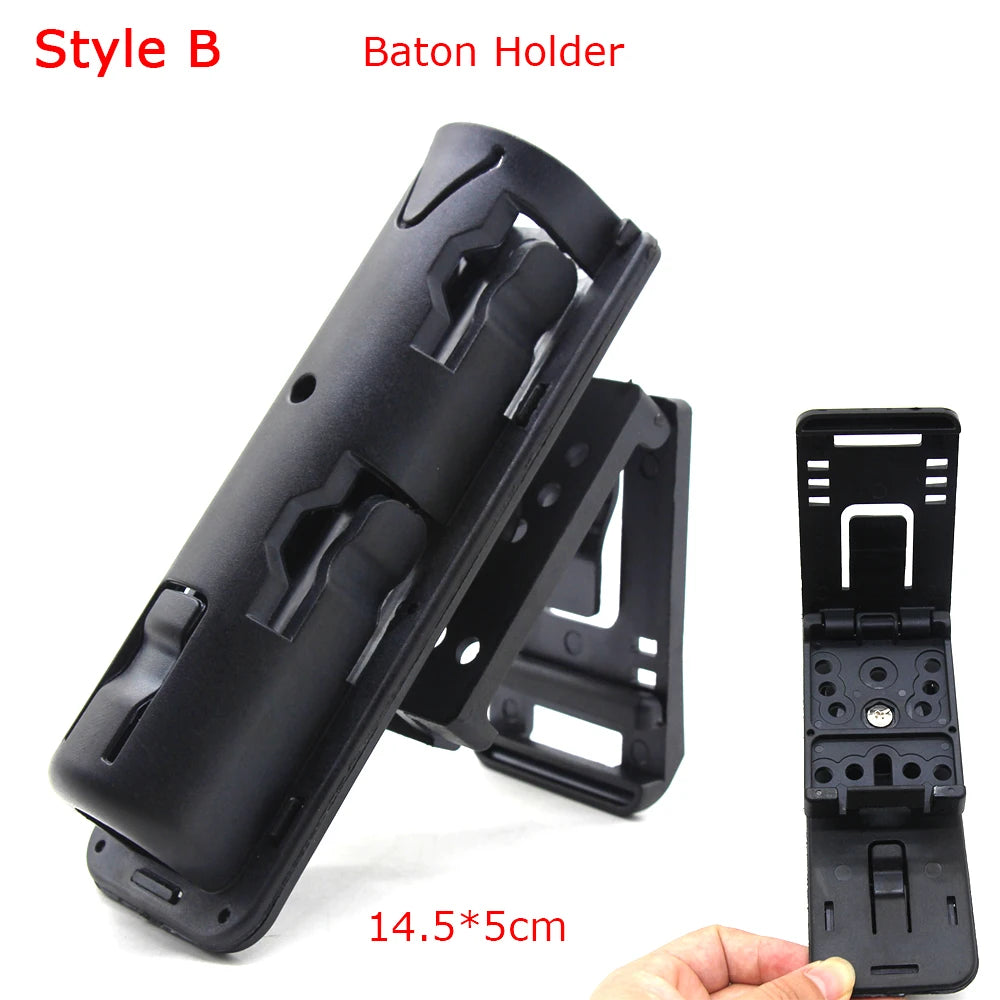 Black Baton Holder in Style B featuring a tactical duty belt clip and rotation mechanism.