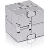 A silver metal infinity fidget cube with interlocking pieces shown from above.
