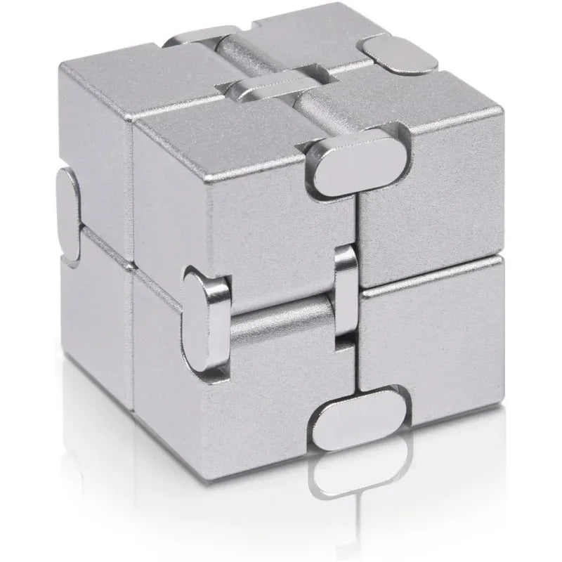 A silver metal infinity fidget cube with interlocking pieces shown from above.