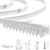 A set of white flexible bendable ceiling curtain track kit with hooks and mounting hardware.