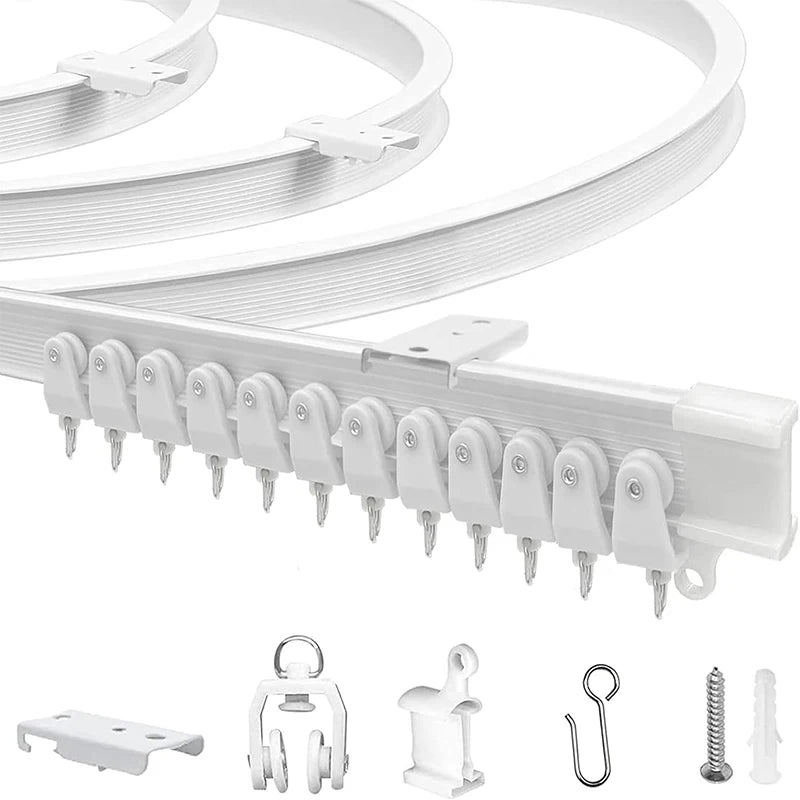 A set of white flexible bendable ceiling curtain track kit with hooks and mounting hardware.