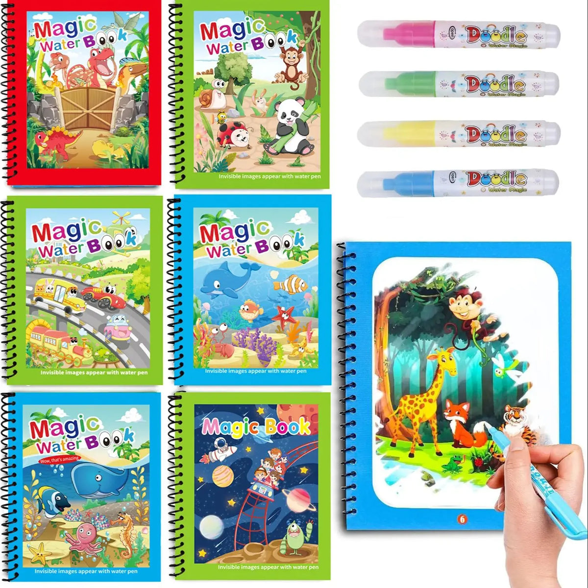 A set of reusable Magic Water Book drawing books with refillable pens and illustrations.