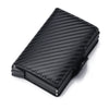Black slim carbon fiber RFID blocking wallet for men shown from above