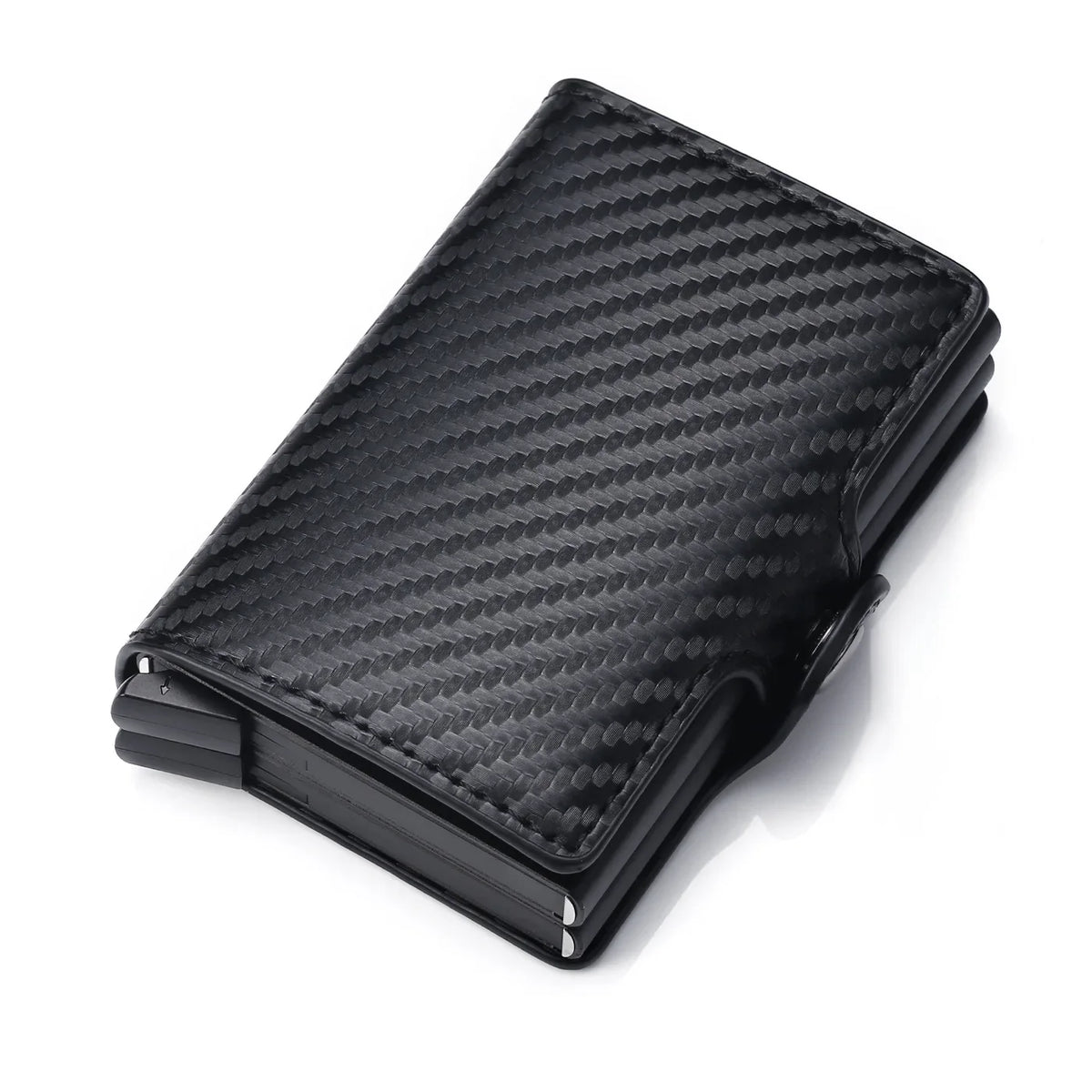 Black slim carbon fiber RFID blocking wallet for men shown from above