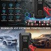 Portable car jump starter with air compressor and LED light shown in various extreme temperature contexts.