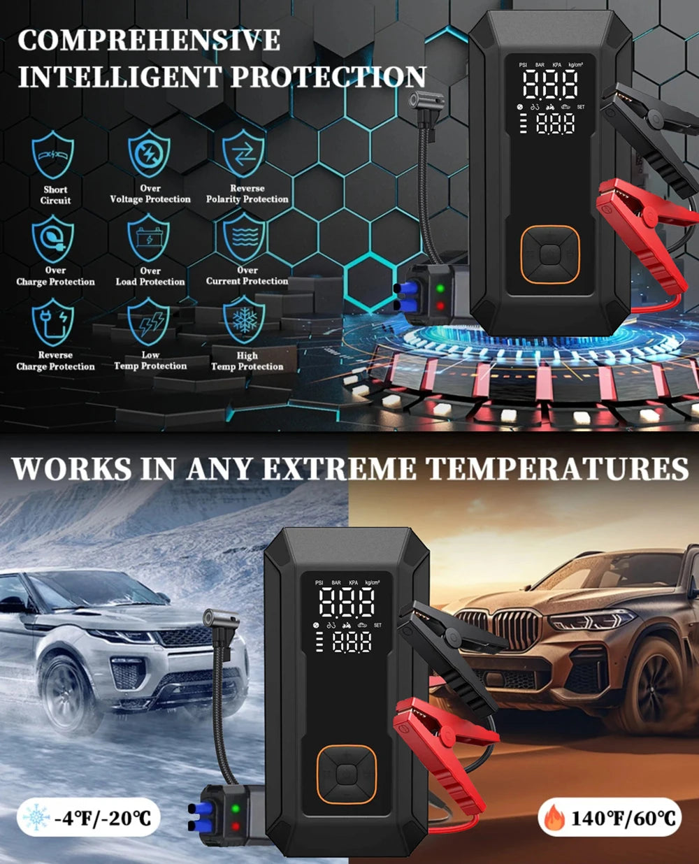 Portable car jump starter with air compressor and LED light shown in various extreme temperature contexts.